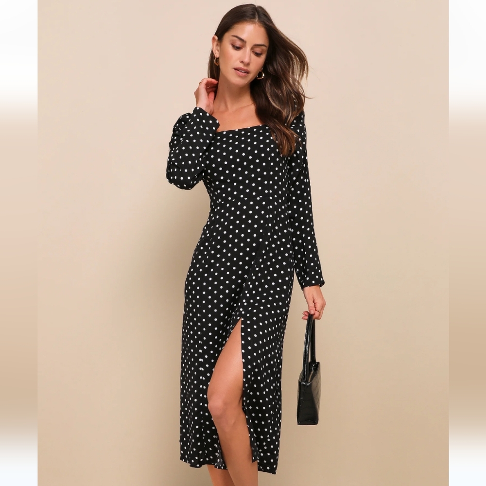 Lulu's Charmed and Classy Black Polka Dot Long Sleeve Midi Dress